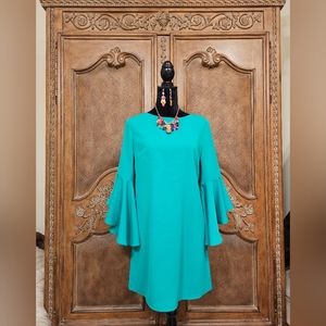 Green Shift Dress with Bell Sleeves